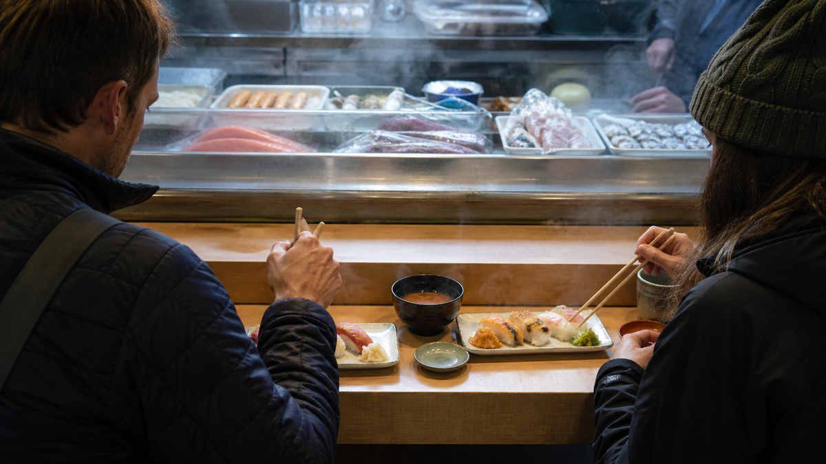 市場のカウンターで寿司と味噌汁を楽しむ朝食のイメージ