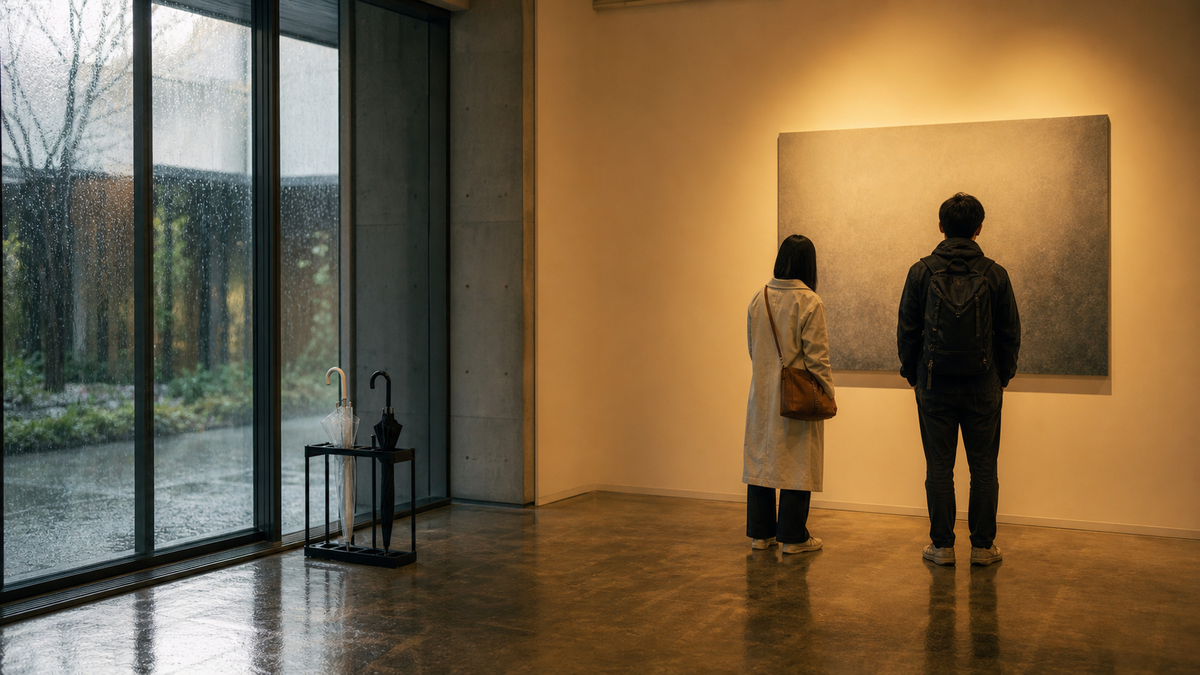 雨の日に都市型の屋内展示を眺める旅行者