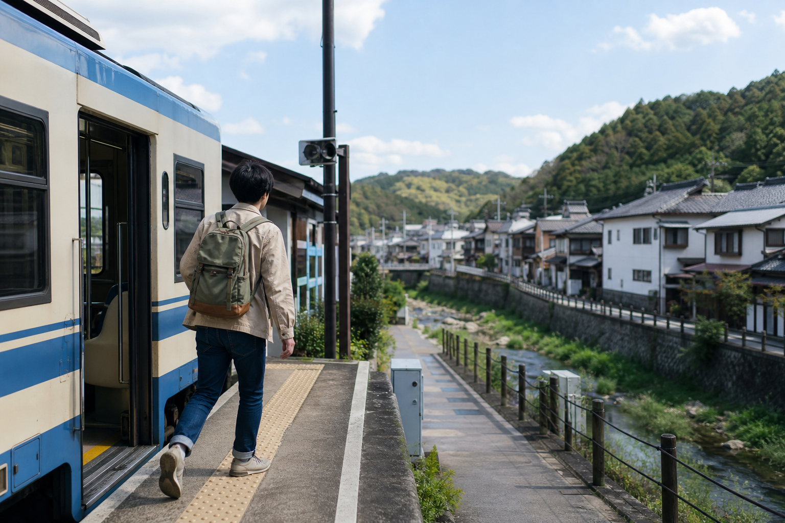 ローカル線を降りて川沿いの町へ向かう旅行者
